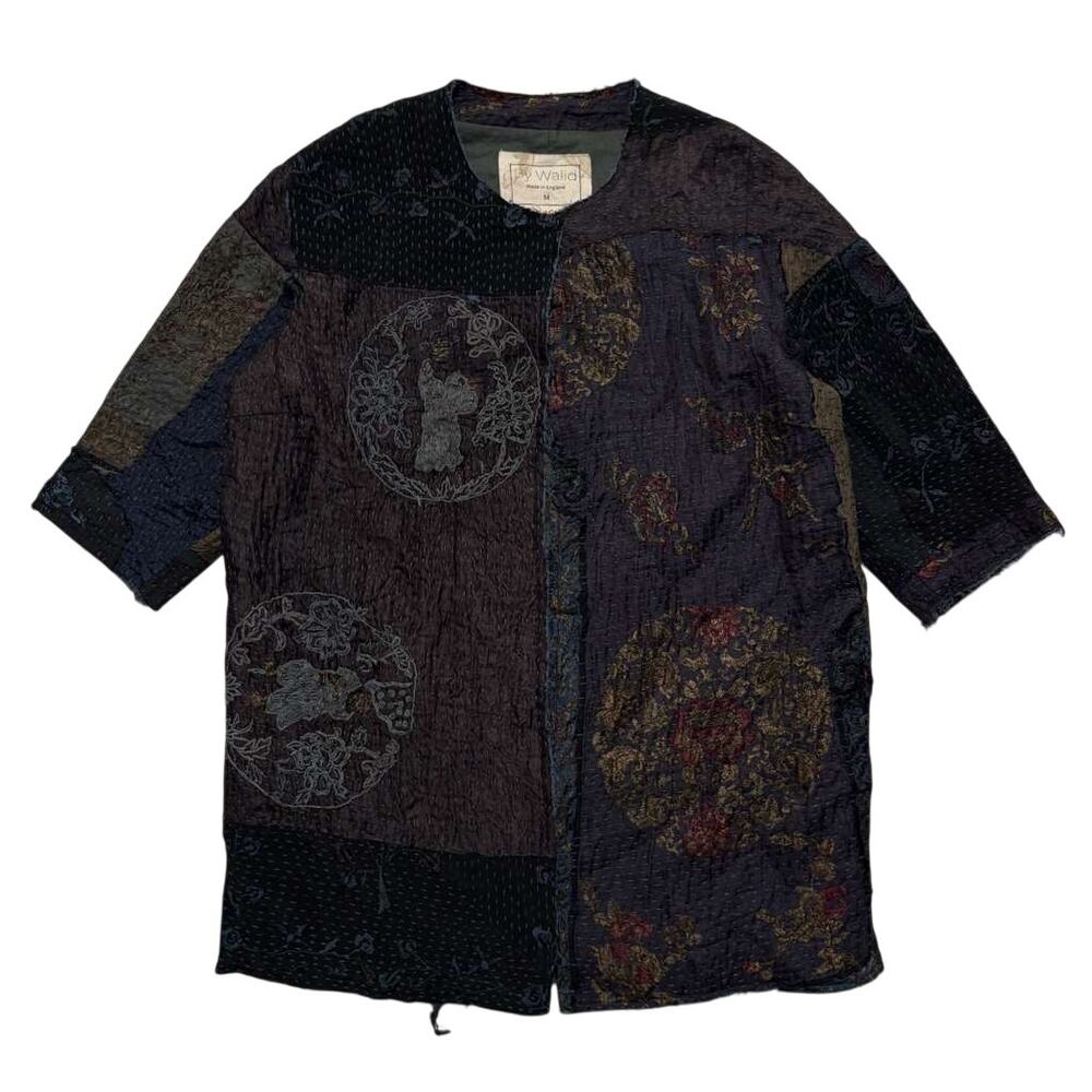 By Walid Frayed Boro Patchwork Open Front Silk Jacket Dark Blue M